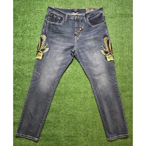 NWT Ed Hardy Eagle Snake Slim Straight Y2K Med Blue Denim Jeans (Men's 36)
